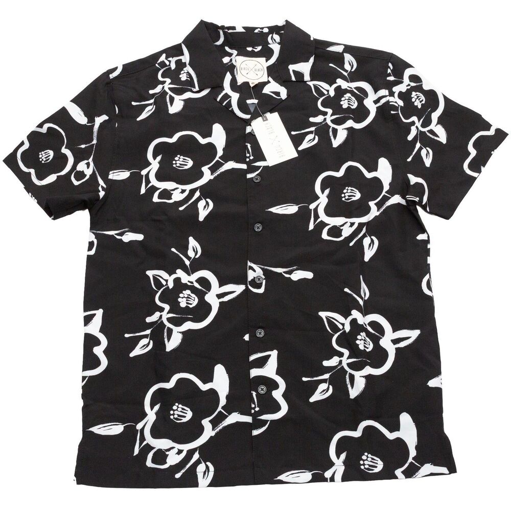Birch Black Men's‎ Medium Floral Camp Shirt Black White Button Front Casual